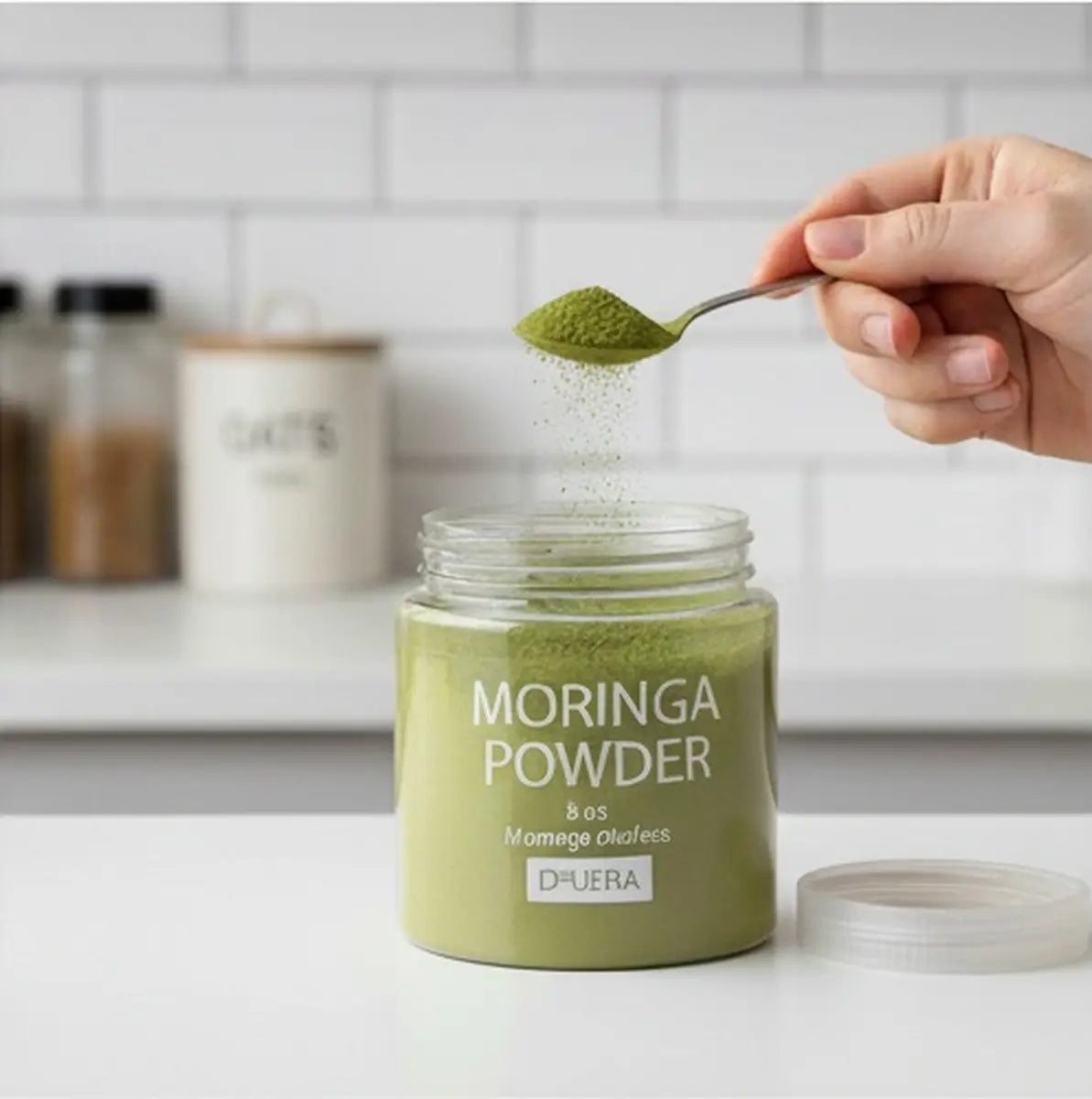Jar of Druera moringa powder with a spoonful being added, on a kitchen counter.