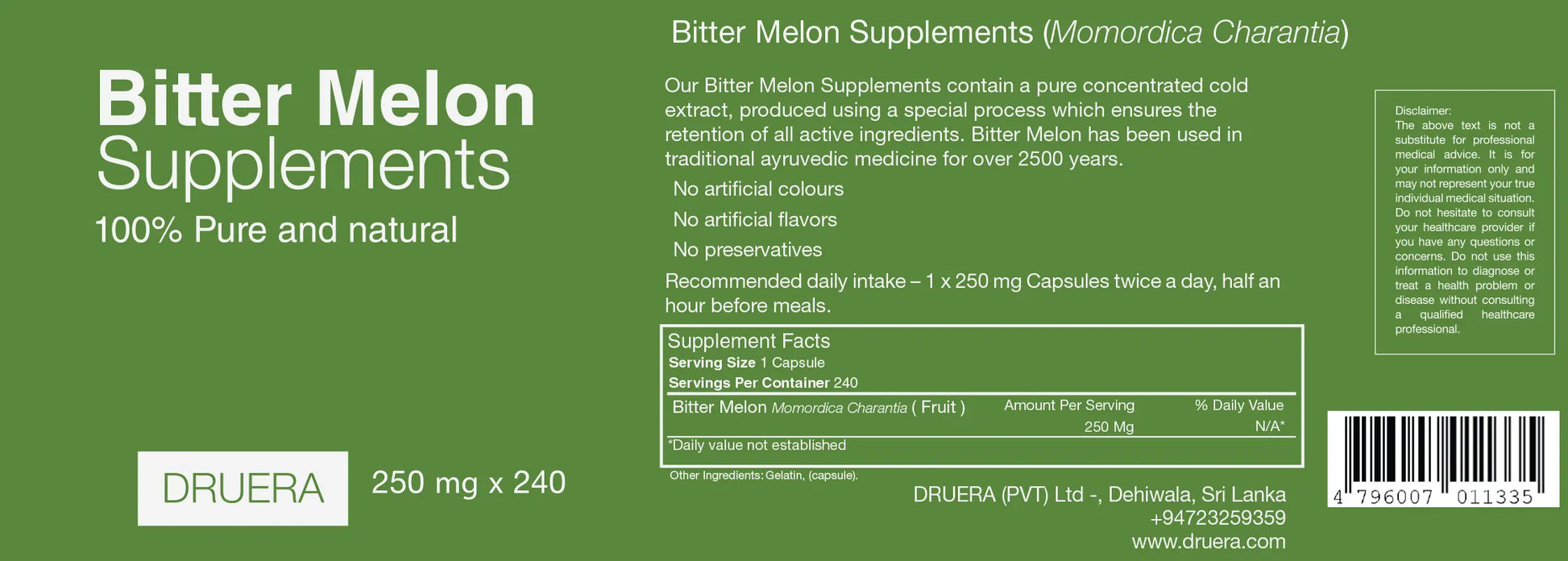Bitter Melon Supplements label on the bottle