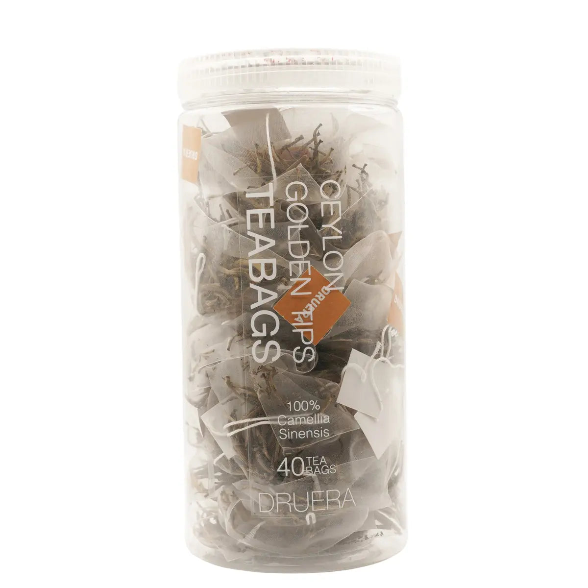 Golden Tips premium Ceylon tea bags with whole golden buds and rich amber brew