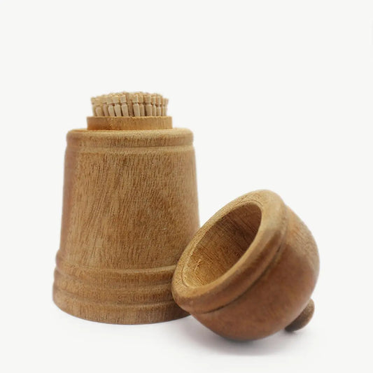 Handmade wooden cinnamon toothpick holder with natural cinnamon chew sticks for fresh breath